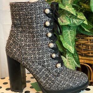 JustFab Black Tweed Heeled Boots with Pearl Accents